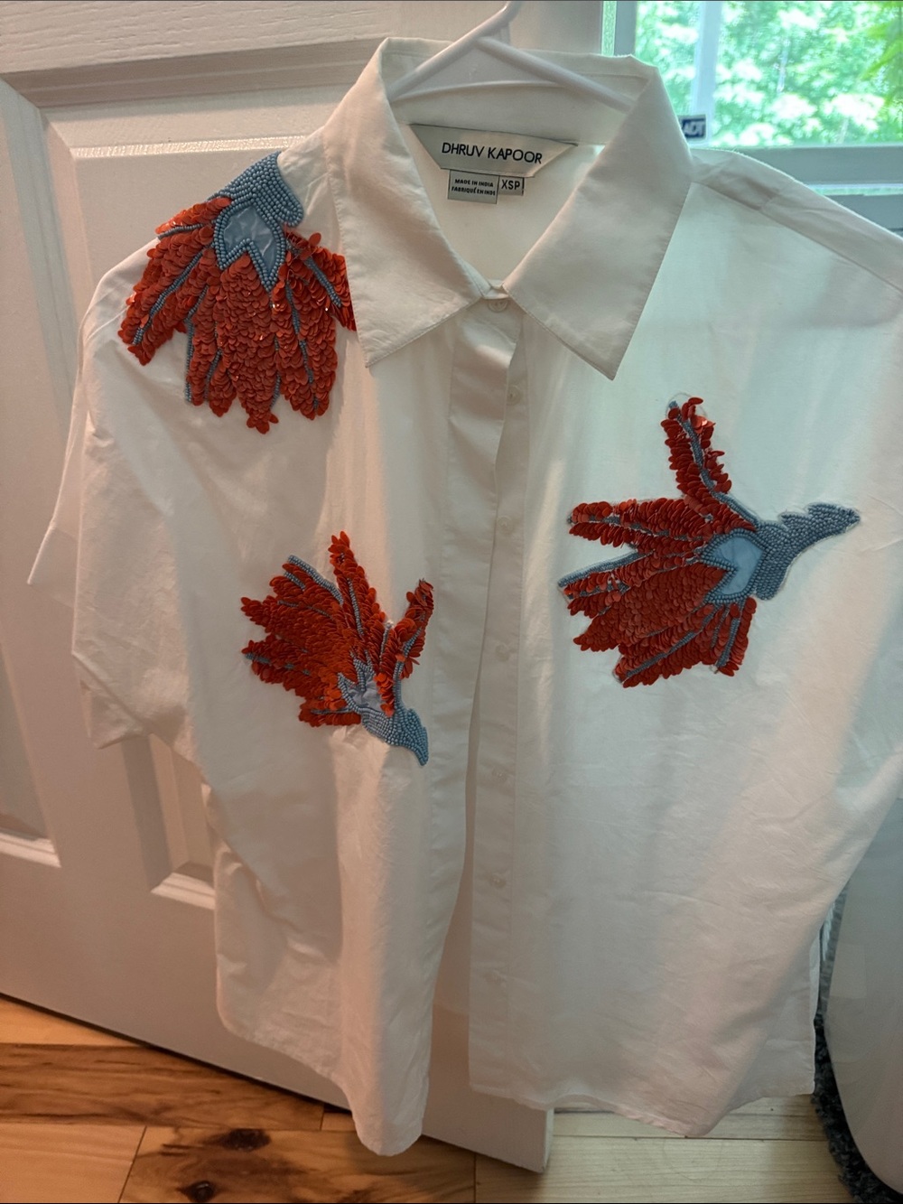 Dhruv Kapoor White Shirt with Red & Blue Embroidered Birds from Anthropologie